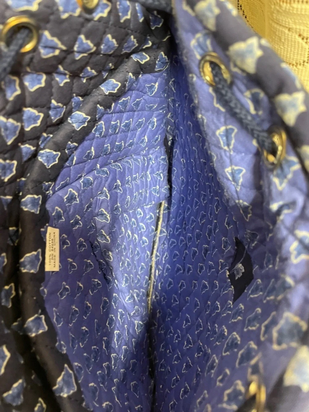 Navy Quilted Floral Print Backpack Tote Bag